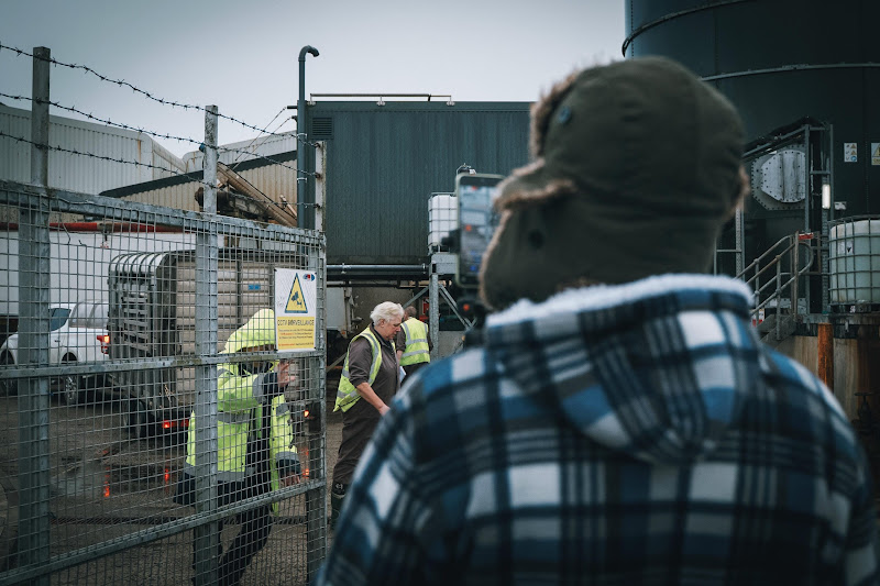 Activist stared into slaughterhouse grounds. St Merryn's Meat Slaughterhouse, Bodmin, Cornwall