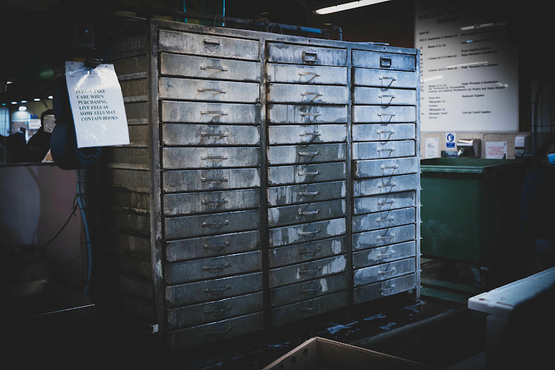 Eel cabinet at Billingsgate Fish Market, London