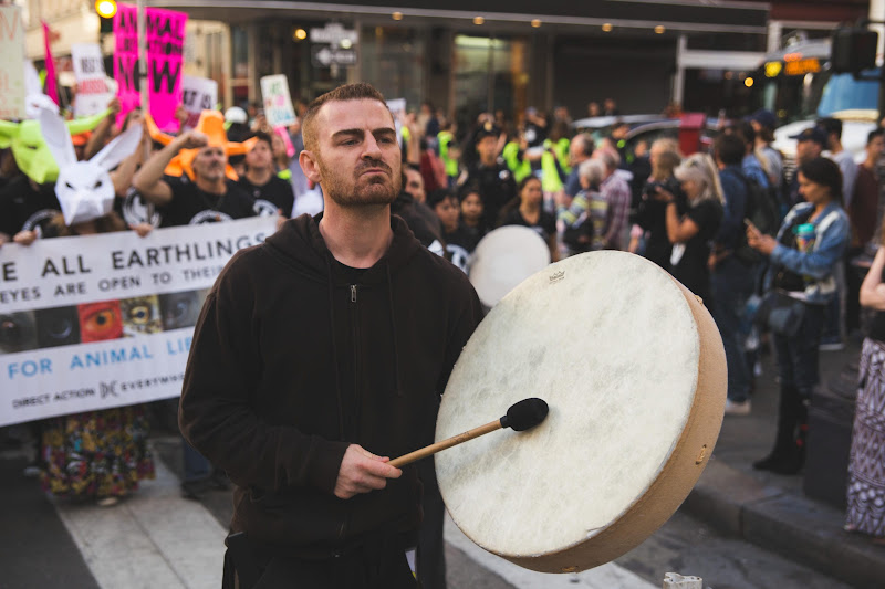 Activist with a drum - ALC Animal Rights March - San Francisco, USA
